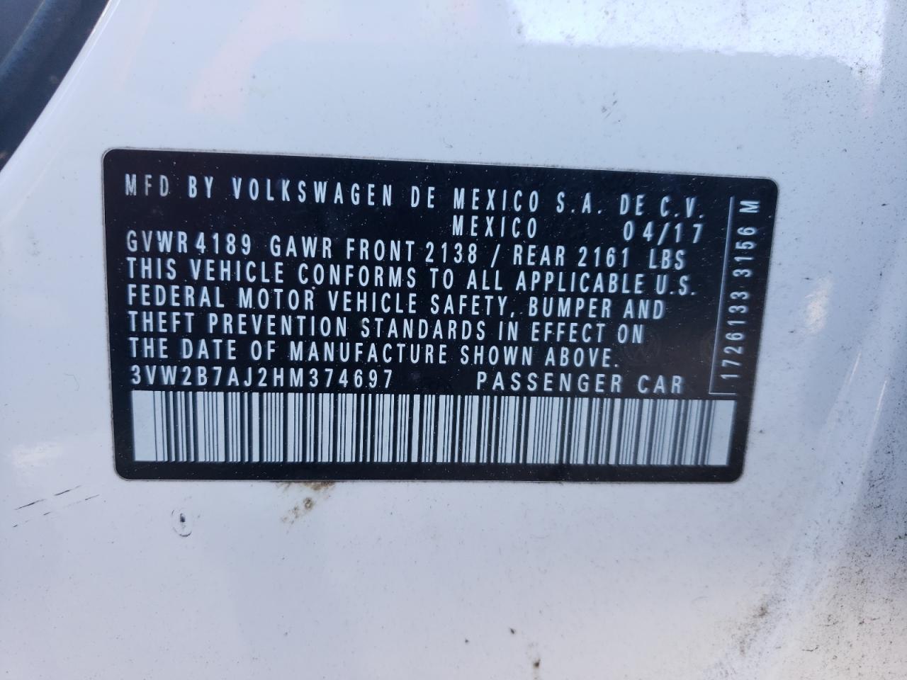 3VW2B7AJ2HM374697 2017 Volkswagen Jetta S