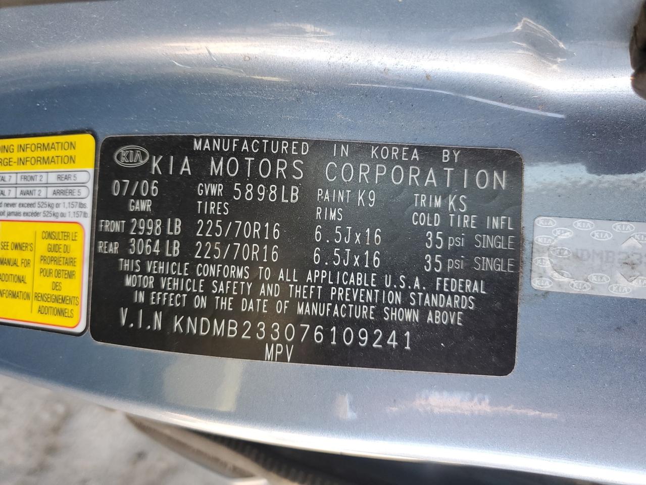 KNDMB233076109241 2007 Kia Sedona Ex