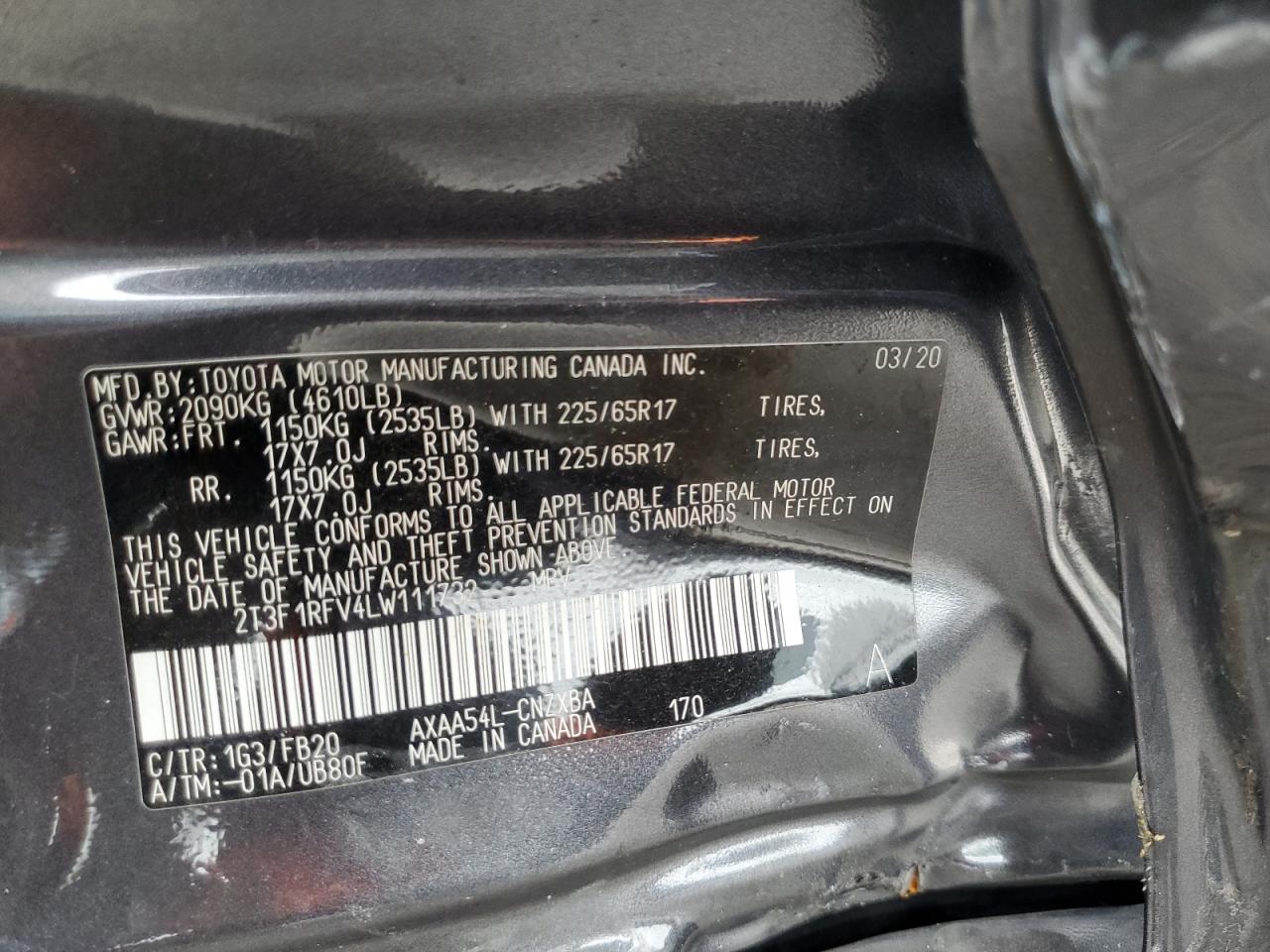 2T3F1RFV4LW111732 2020 Toyota Rav4 Le