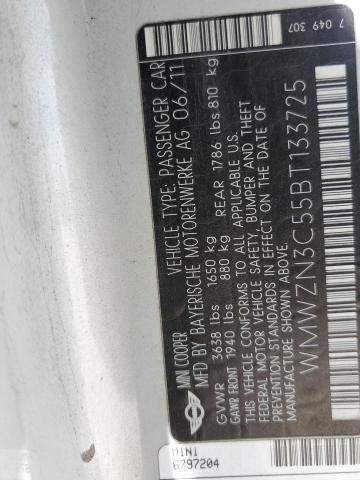 2011 Mini Cooper VIN: WMWZN3C55BT133725 Lot: 61529054