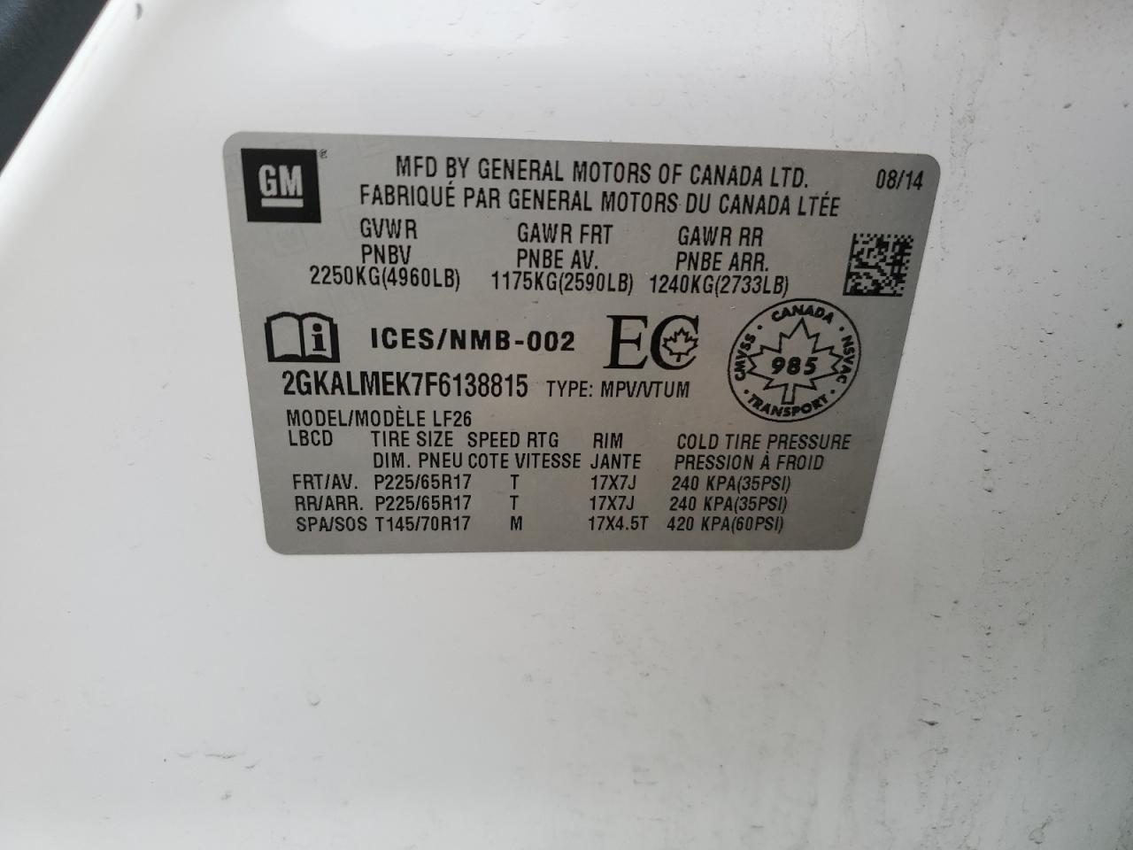 2GKALMEK7F6138815 2015 GMC Terrain Sle