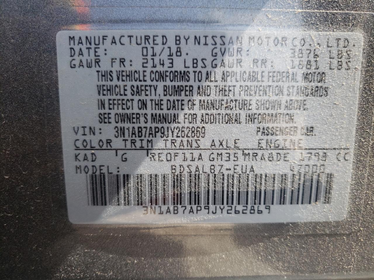 3N1AB7AP9JY262869 2018 Nissan Sentra S