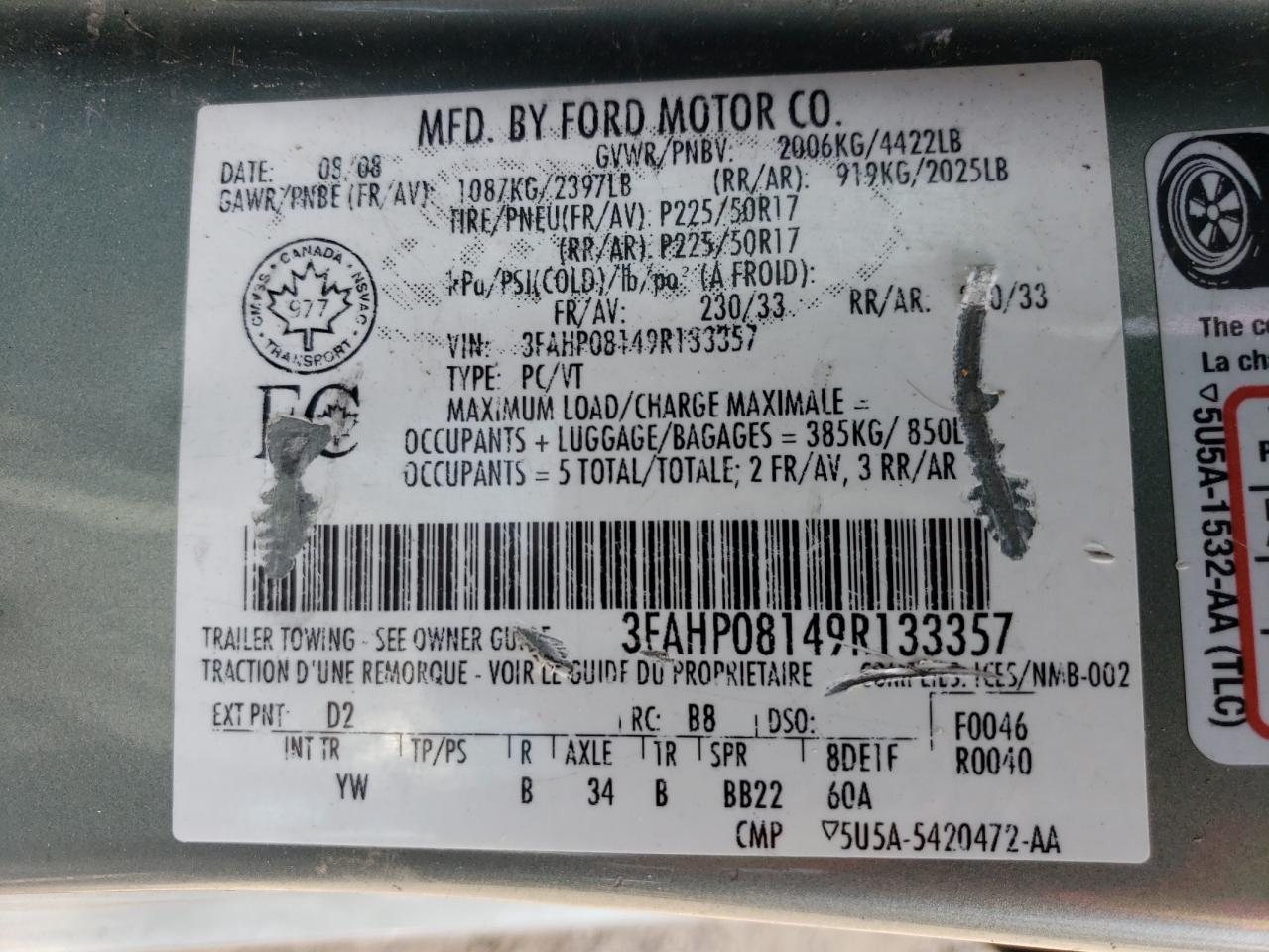 3FAHP08149R133357 2009 Ford Fusion Sel