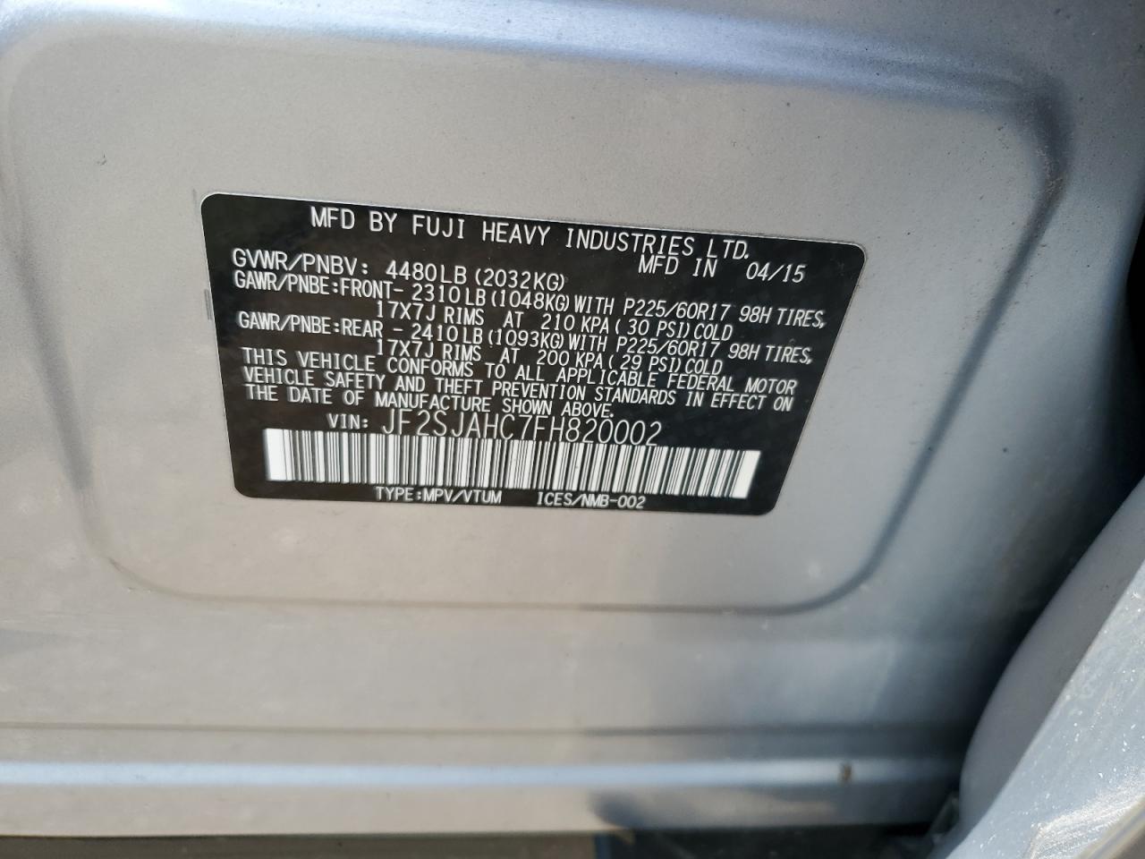 JF2SJAHC7FH820002 2015 Subaru Forester 2.5I Limited