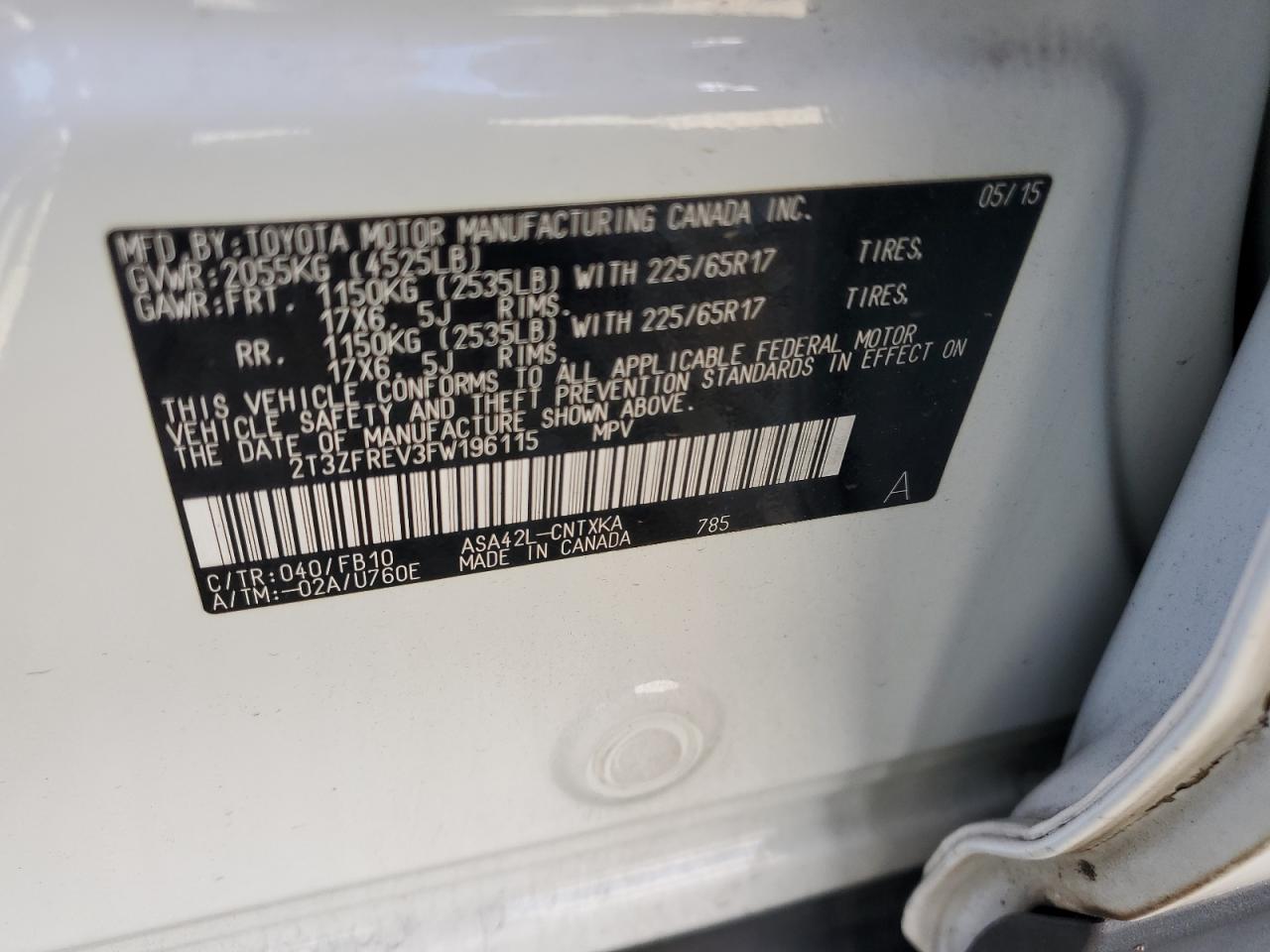 2T3ZFREV3FW196115 2015 Toyota Rav4 Le