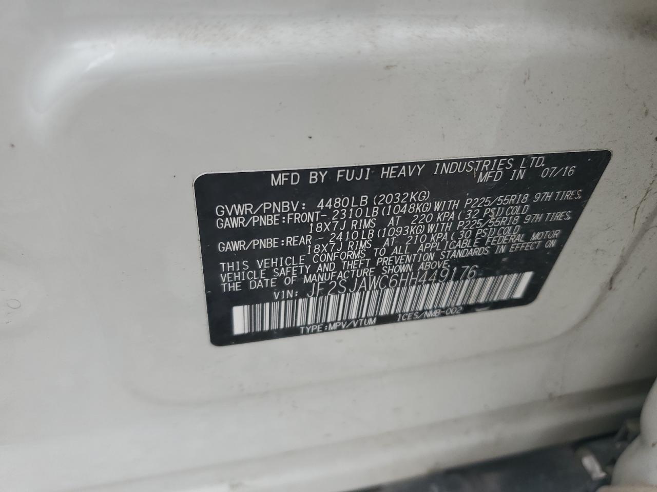 JF2SJAWC6HH449176 2017 Subaru Forester 2.5I Touring