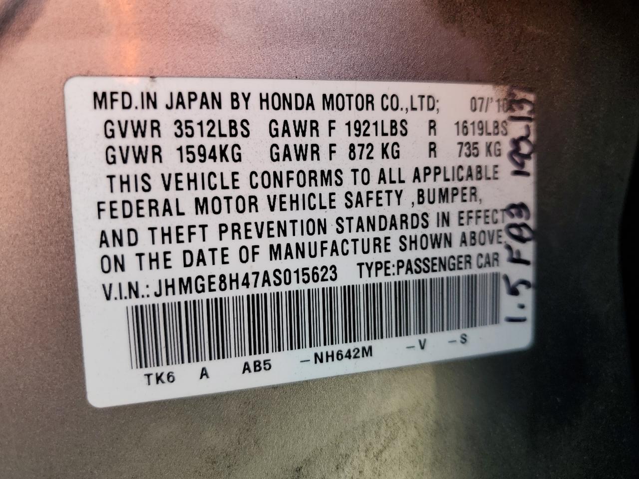 JHMGE8H47AS015623 2010 Honda Fit Sport