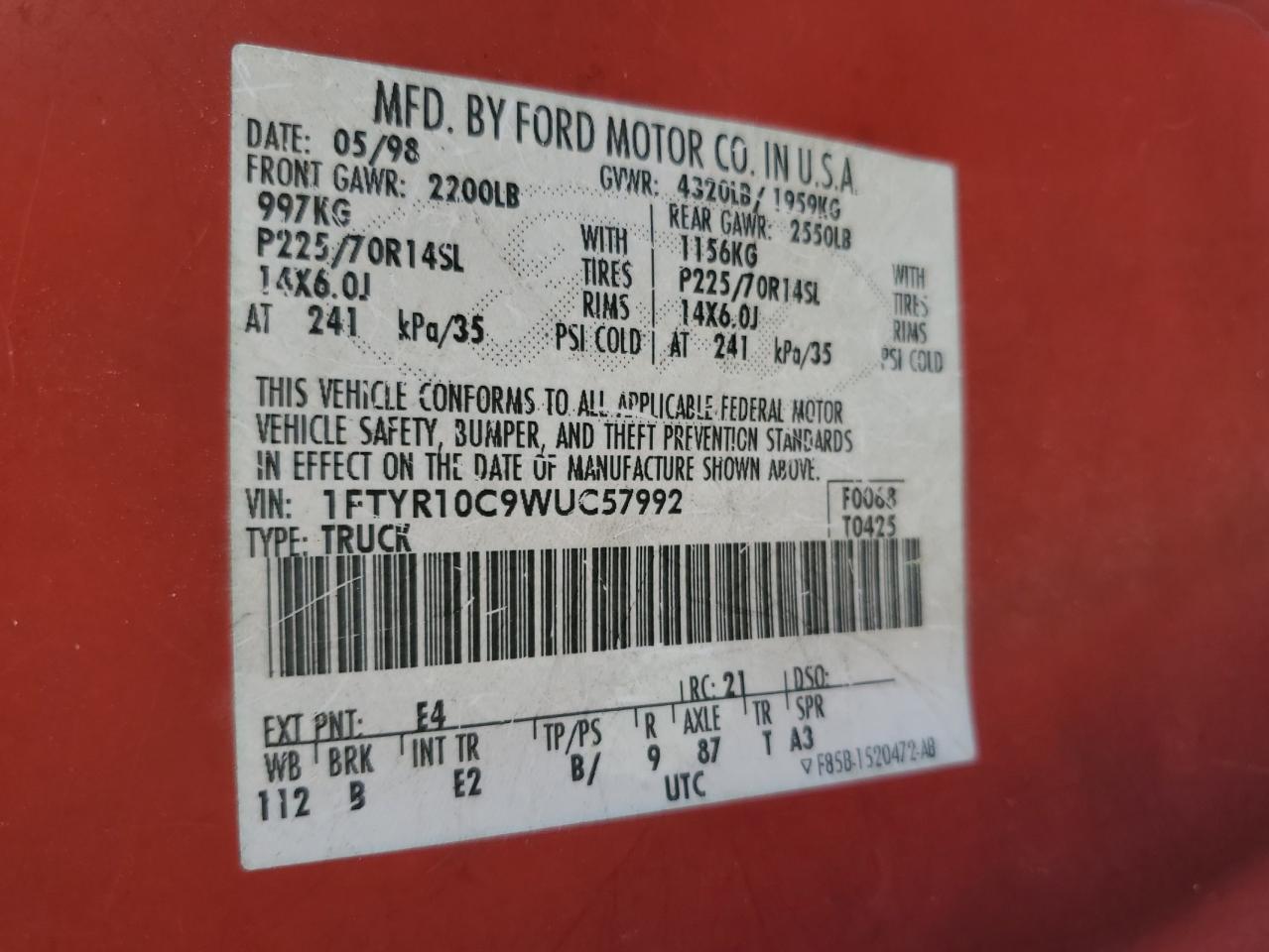 1FTYR10C9WUC57992 1998 Ford Ranger