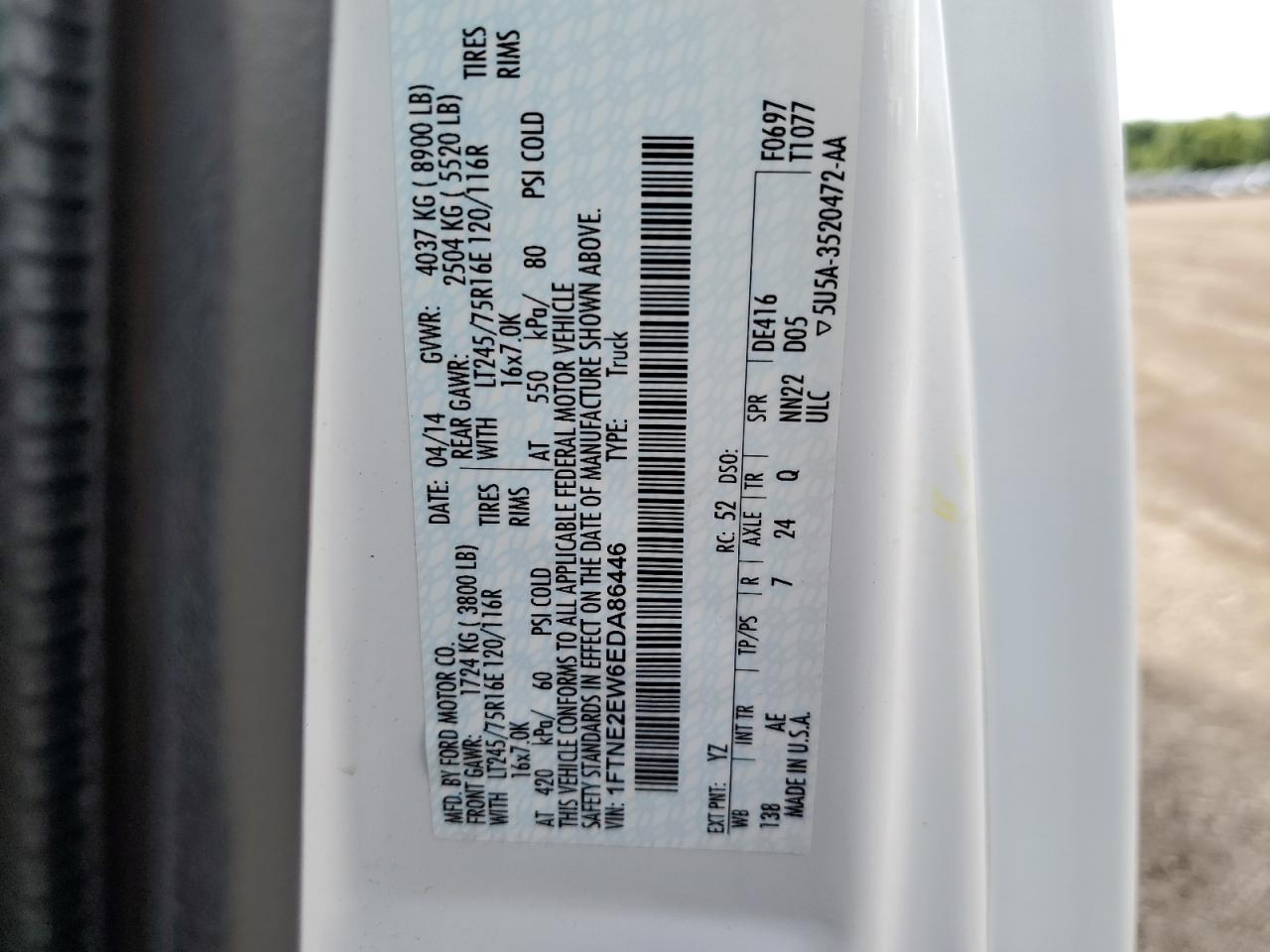 1FTNE2EW6EDA86446 2014 Ford Econoline E250 Van