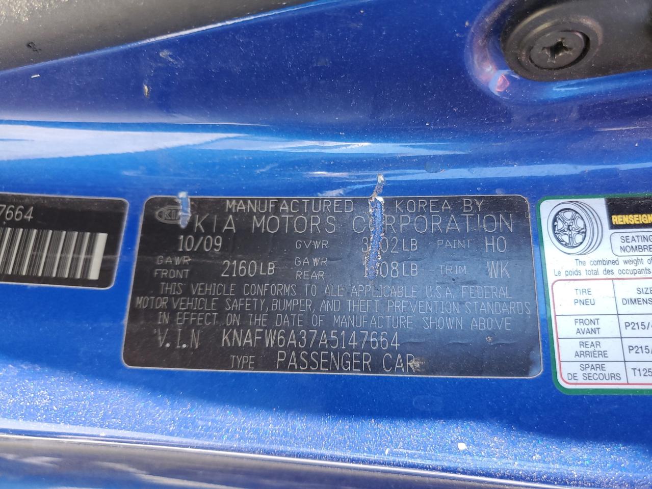 KNAFW6A37A5147664 2010 Kia Forte Sx