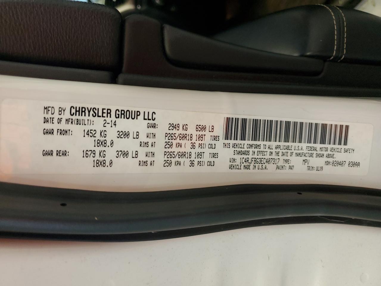 1C4RJFBG3EC407317 2014 Jeep Grand Cherokee Limited