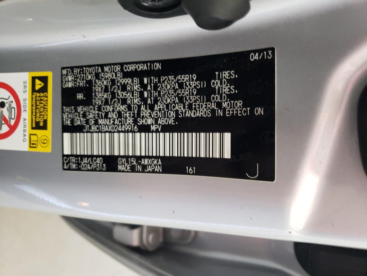 JTJBC1BAXD2449916 2013 Lexus Rx 450