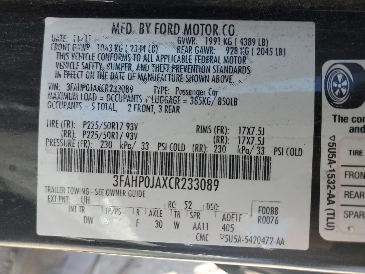 3FAHP0JAXCR233089 2012 Ford Fusion Sel