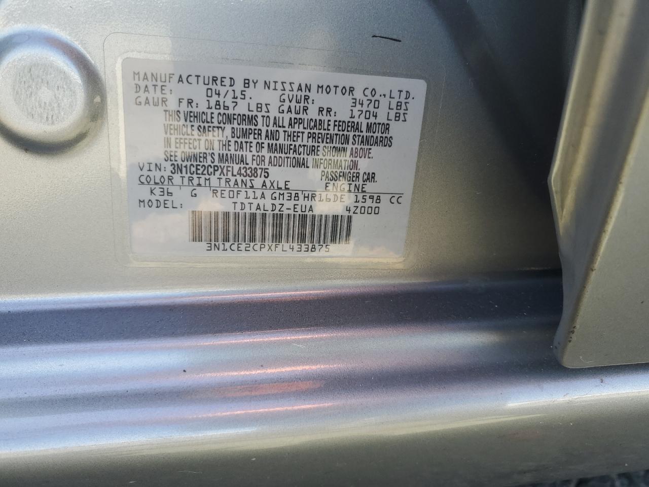 3N1CE2CPXFL433875 2015 Nissan Versa Note S