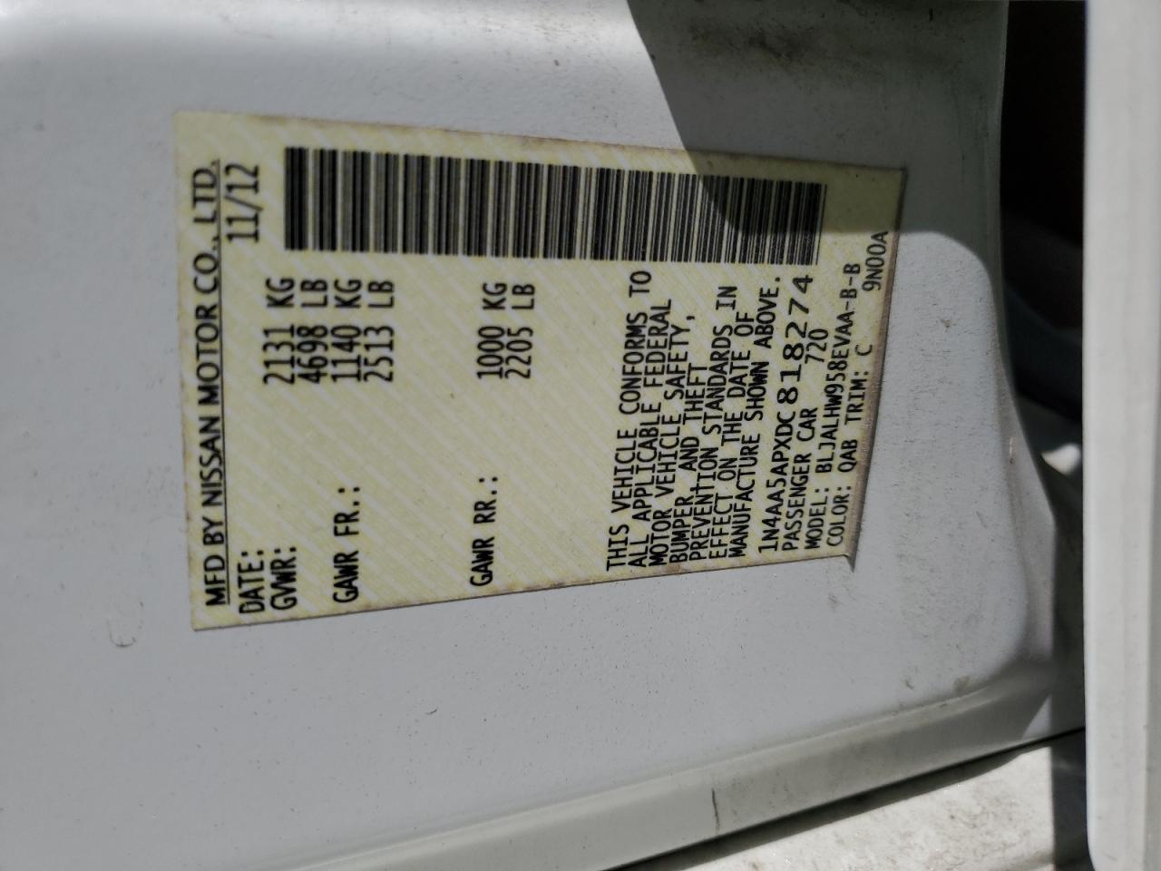 1N4AA5APXDC818274 2013 Nissan Maxima S