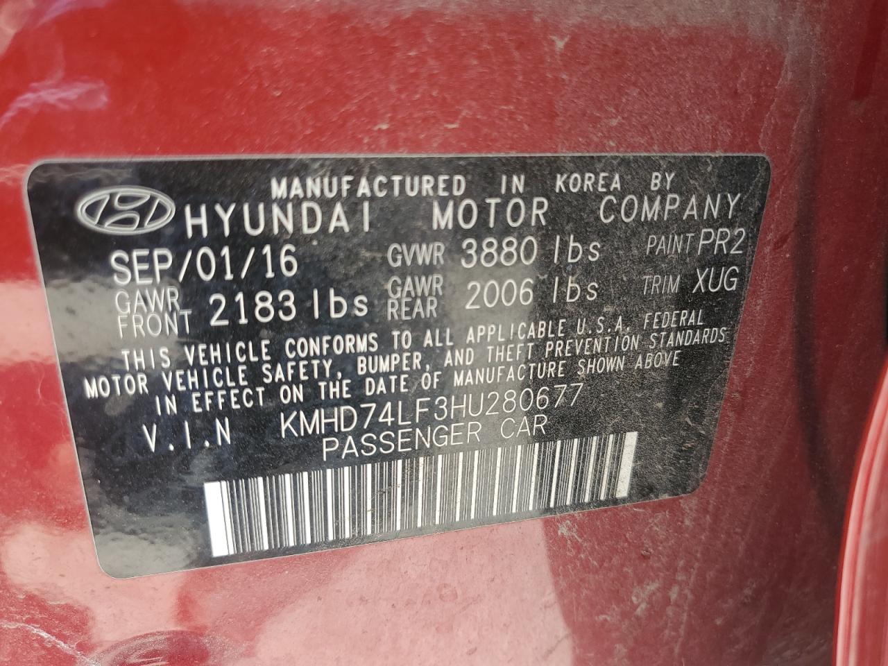 2017 Hyundai Elantra Se vin: KMHD74LF3HU280677