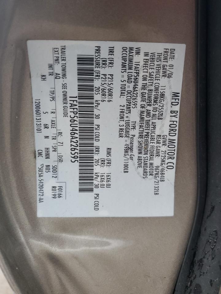 1FAFP56U46A226595 2006 Ford Taurus Sel