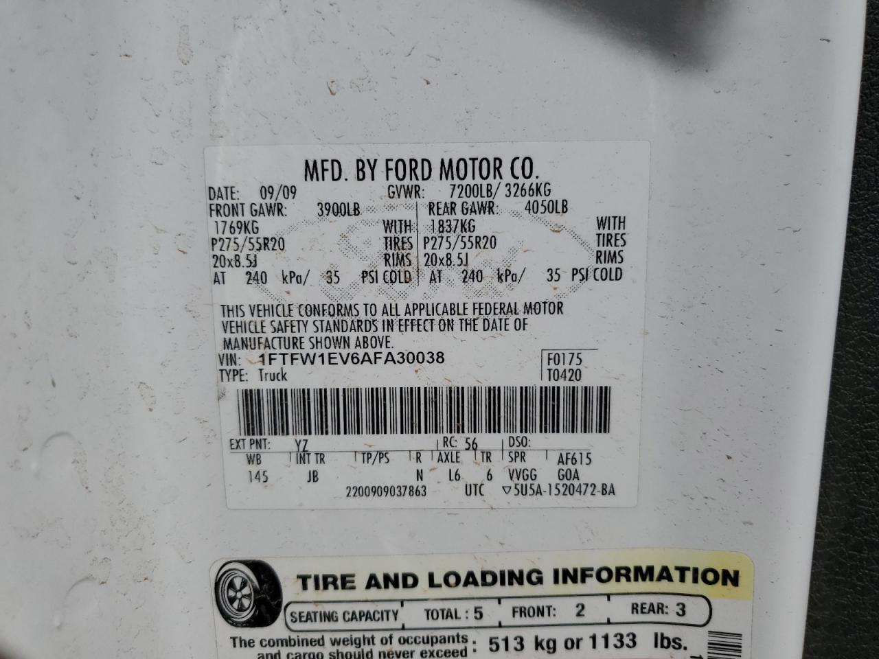 1FTFW1EV6AFA30038 2010 Ford F150 Supercrew