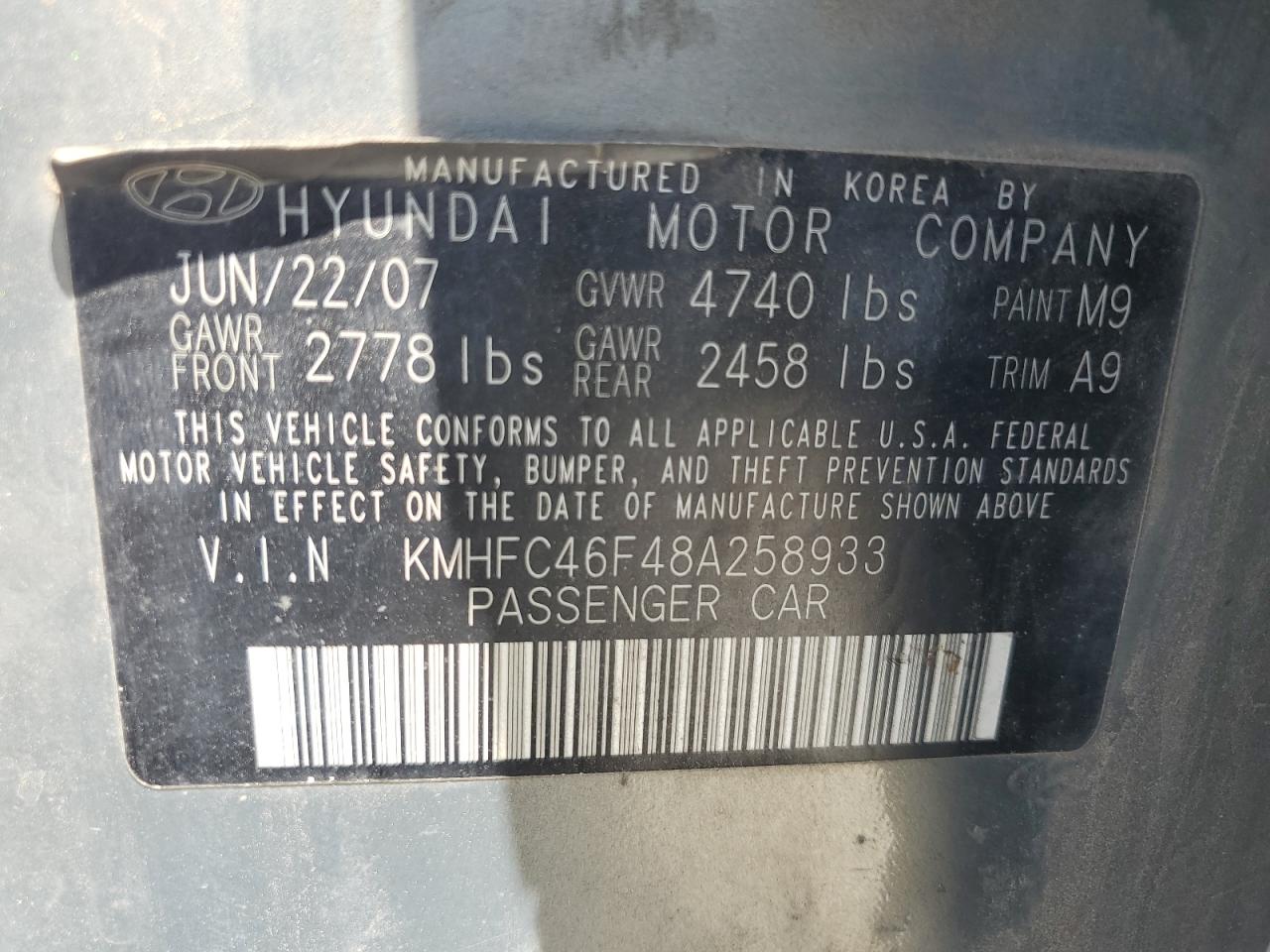 KMHFC46F48A258933 2008 Hyundai Azera Se