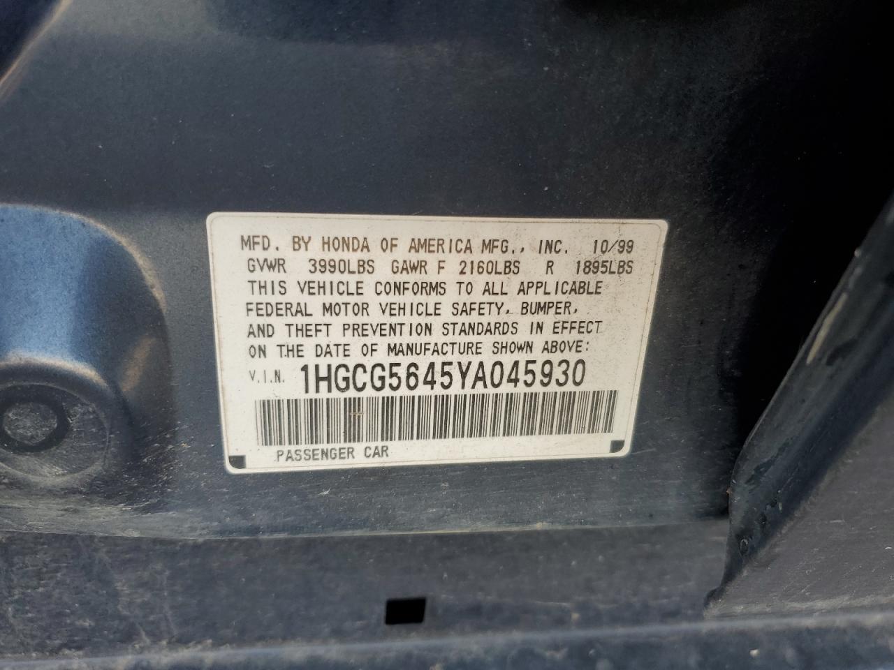 1HGCG5645YA045930 2000 Honda Accord Lx