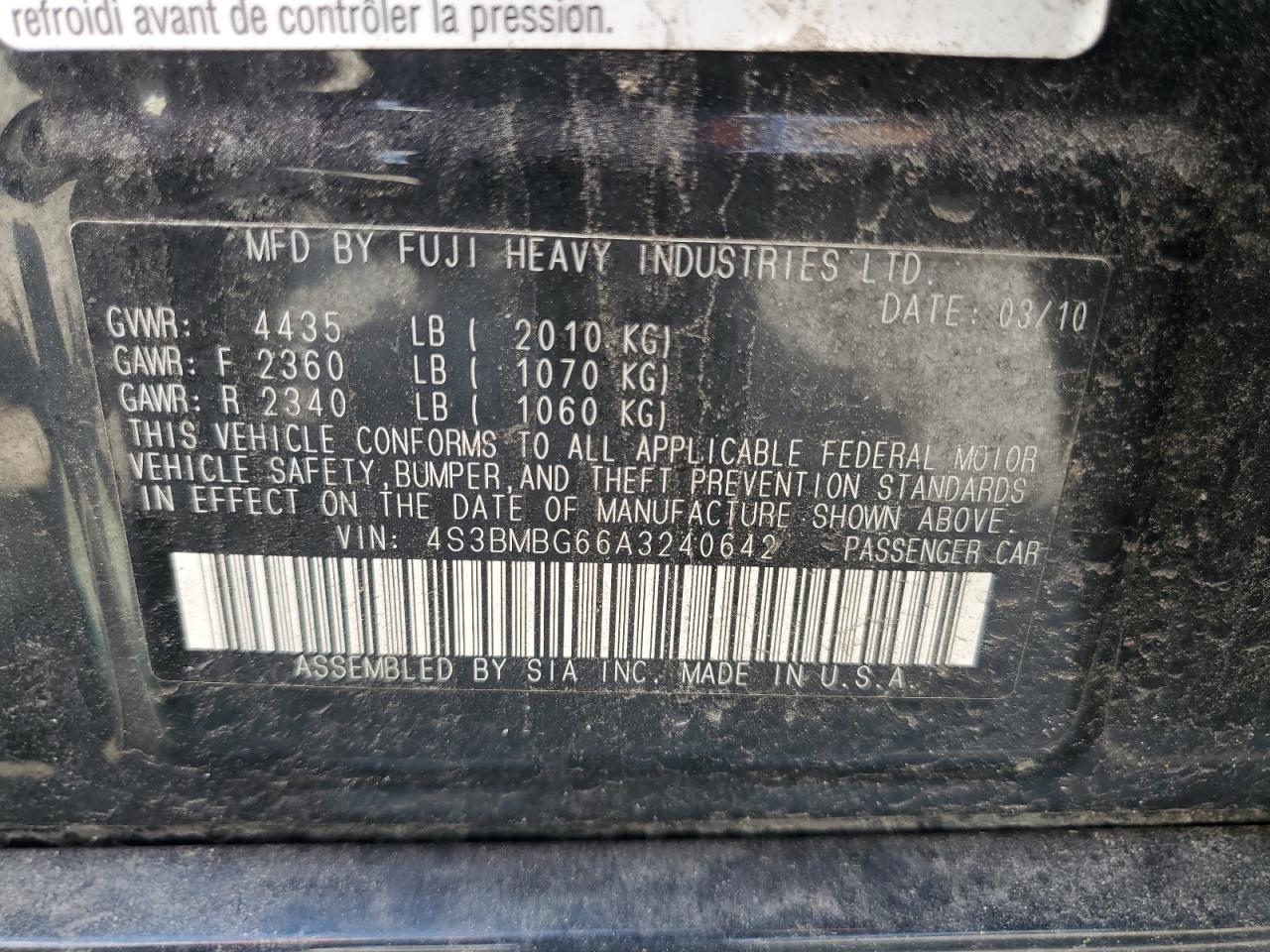 4S3BMBG66A3240642 2010 Subaru Legacy 2.5I Premium