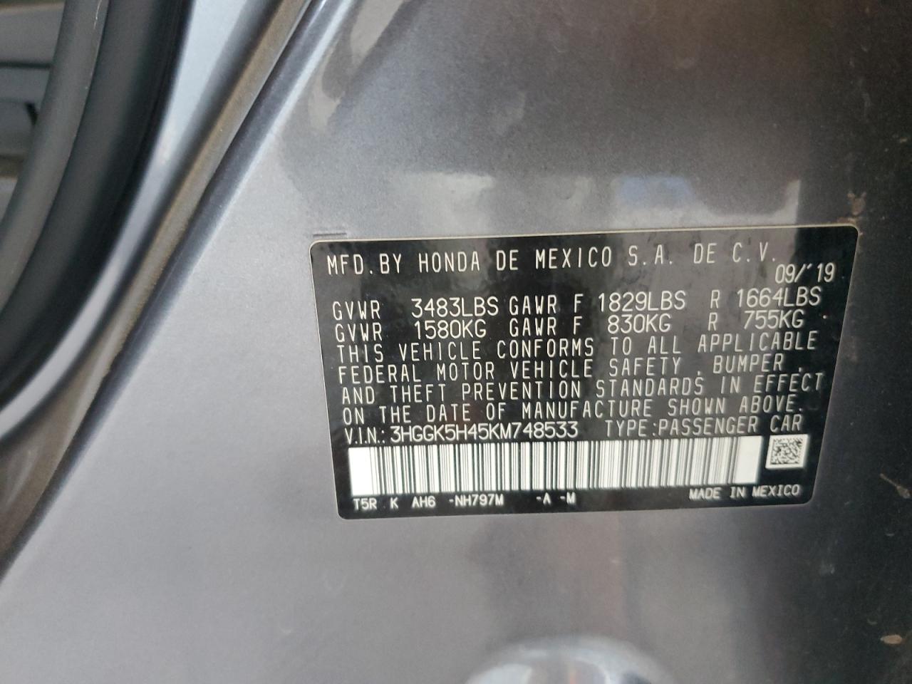 3HGGK5H45KM748533 2019 Honda Fit Lx