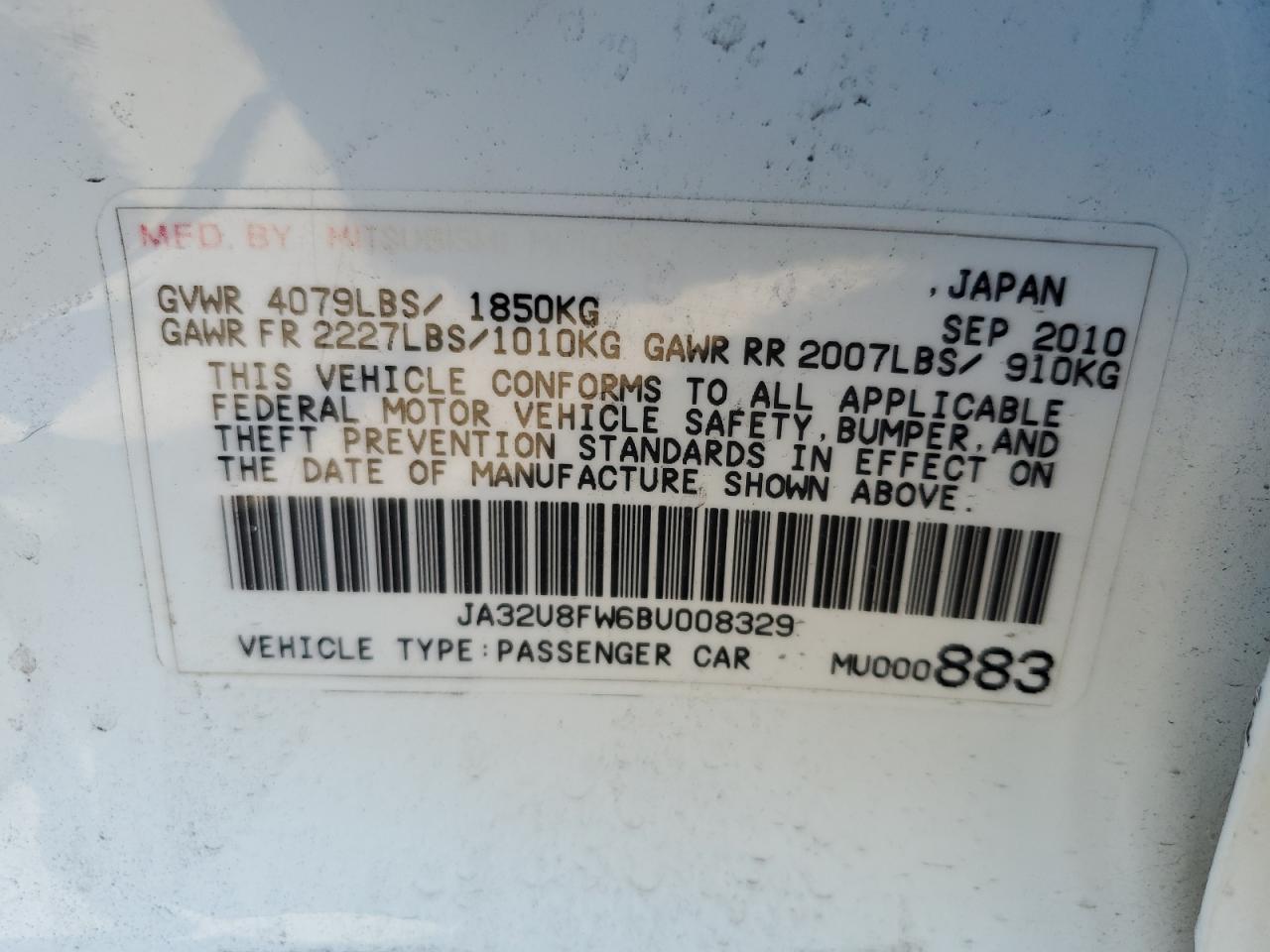 JA32U8FW6BU008329 2011 Mitsubishi Lancer Gts