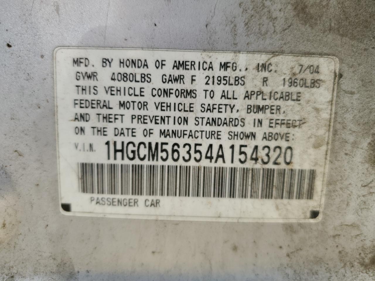 1HGCM56354A154320 2004 Honda Accord Lx