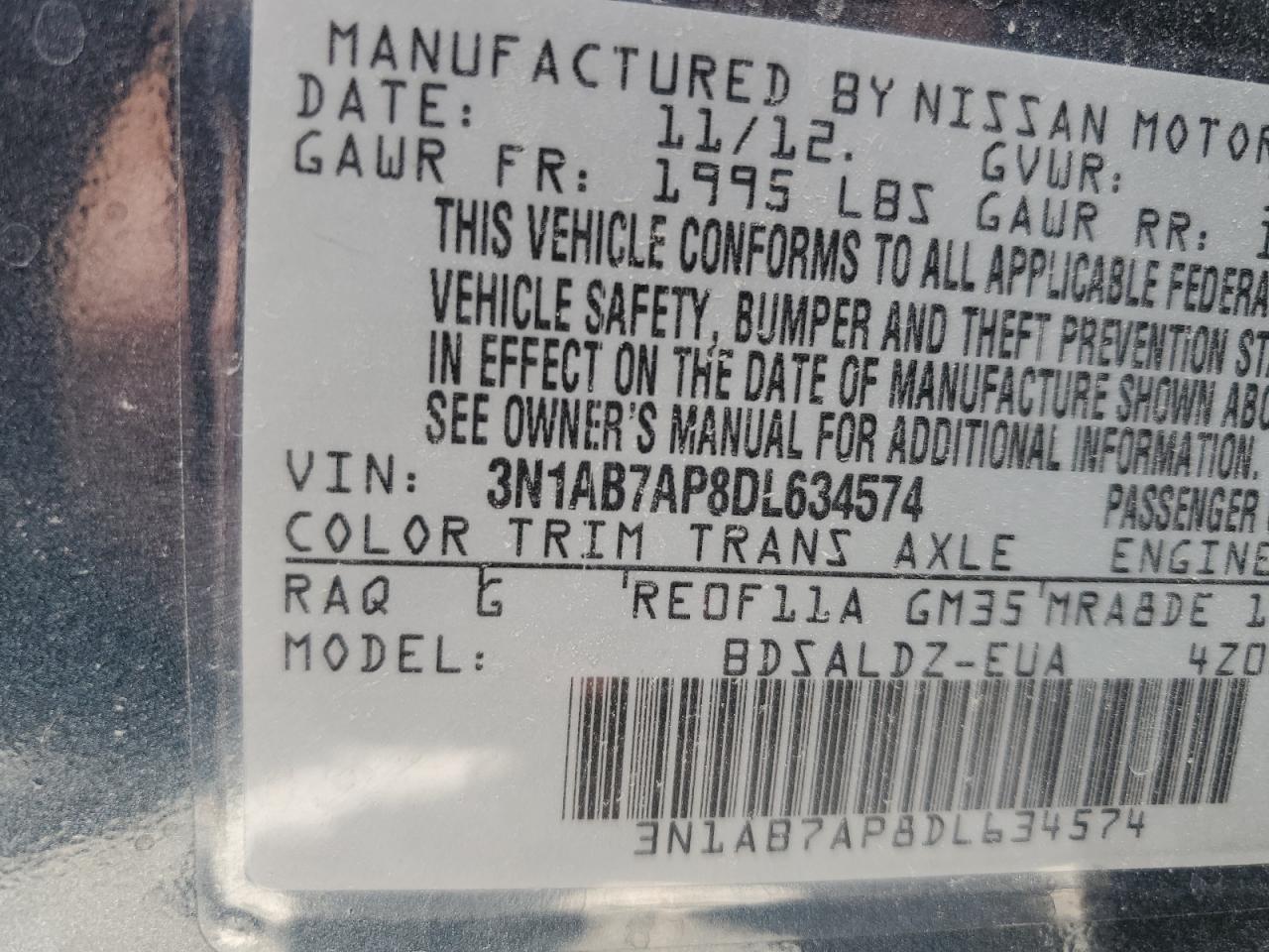 3N1AB7AP8DL634574 2013 Nissan Sentra S