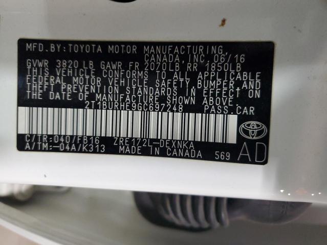 VIN 2T1BURHE9GC697248 2016 Toyota Corolla, L no.12