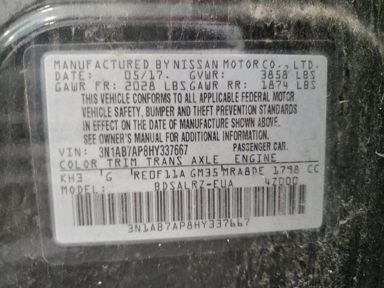 3N1AB7AP8HY337667 2017 Nissan Sentra S