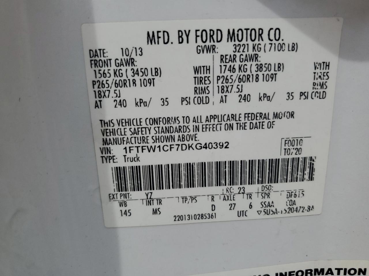 1FTFW1CF7DKG40392 2013 Ford F150 Supercrew