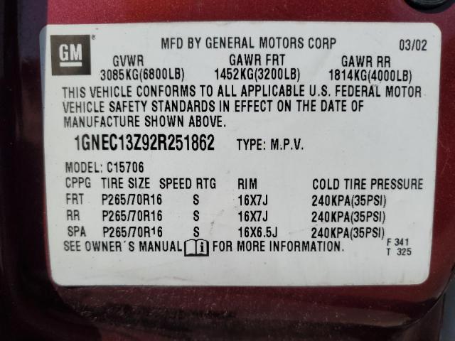 2002 Chevrolet Tahoe C1500 VIN: 1GNEC13Z92R251862 Lot: 62299304