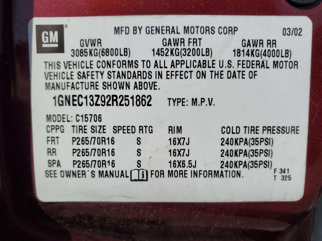 1GNEC13Z92R251862 2002 Chevrolet Tahoe C1500