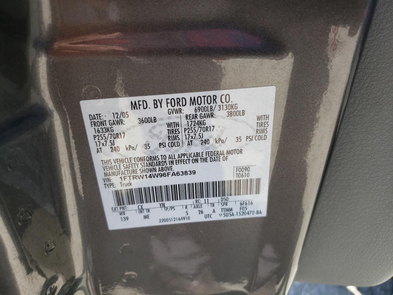 1FTRW14W96FA63839 2006 Ford F150 Supercrew