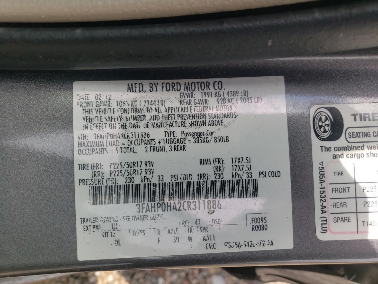 3FAHP0HA2CR311886 2012 Ford Fusion Se