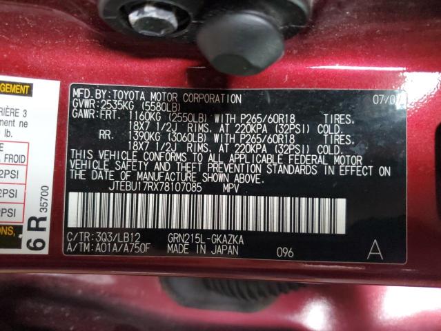 2007 Toyota 4Runner Limited VIN: JTEBU17RX78107085 Lot: 61279644