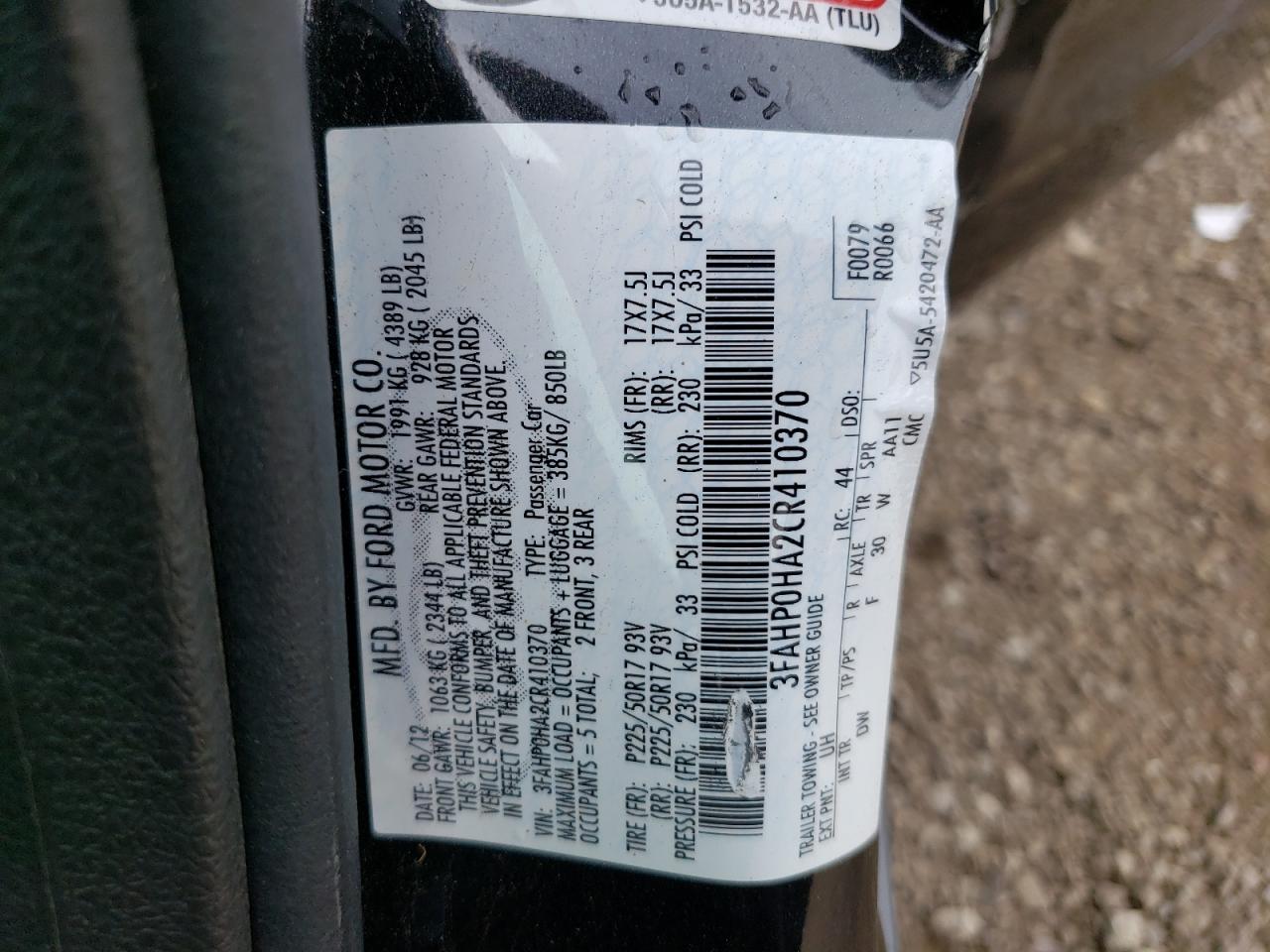 3FAHP0HA2CR410370 2012 Ford Fusion Se