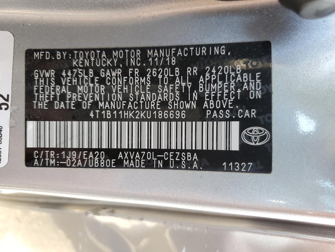 2019 Toyota Camry L vin: 4T1B11HK2KU186696