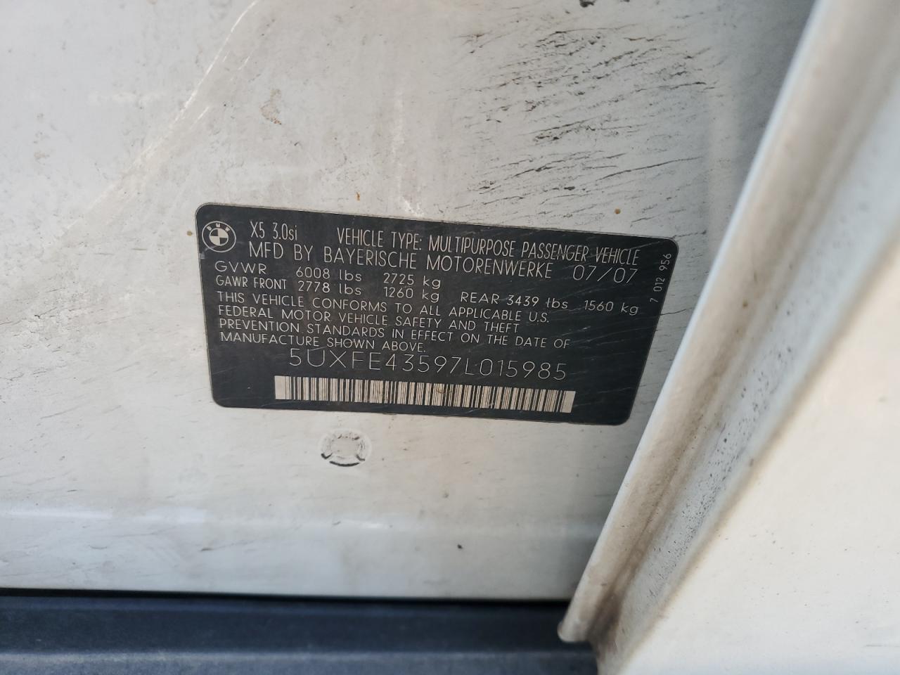 5UXFE43597L015985 2007 BMW X5 3.0I