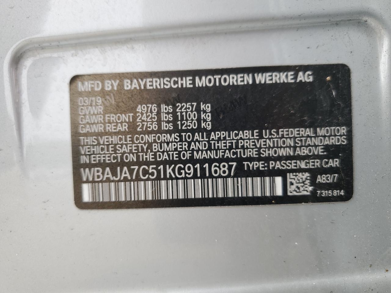 WBAJA7C51KG911687 2019 BMW 530 Xi