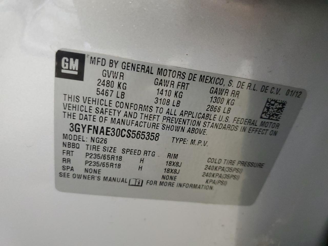 3GYFNAE30CS565358 2012 Cadillac Srx Luxury Collection