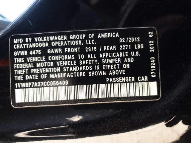 2012 Volkswagen Passat Se VIN: 1VWBP7A37CC056409 Lot: 54098654