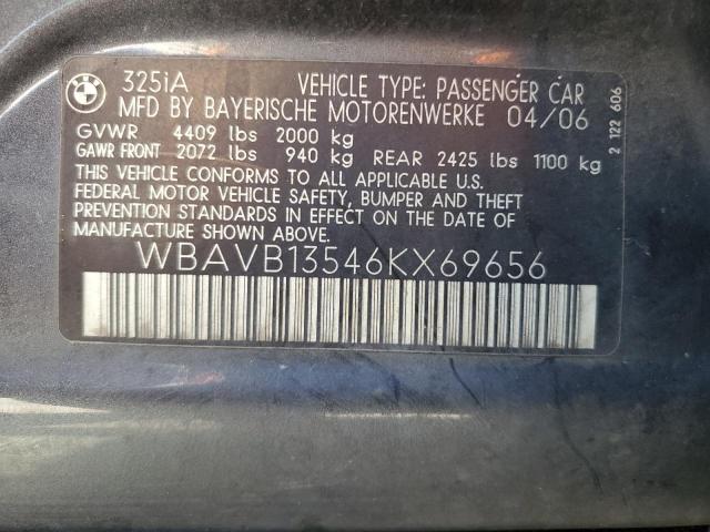 2006 BMW 325 I VIN: WBAVB13546KX69656 Lot: 61758414