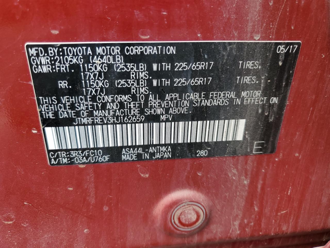 JTMRFREV3HJ162659 2017 Toyota Rav4 Xle