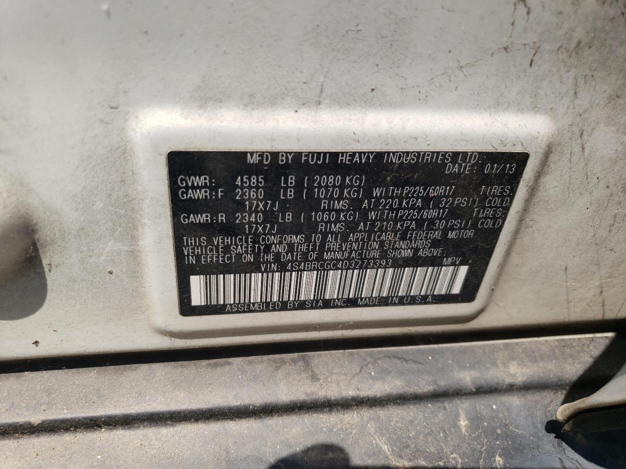 4S4BRCGC4D3273393 2013 Subaru Outback 2.5I Premium