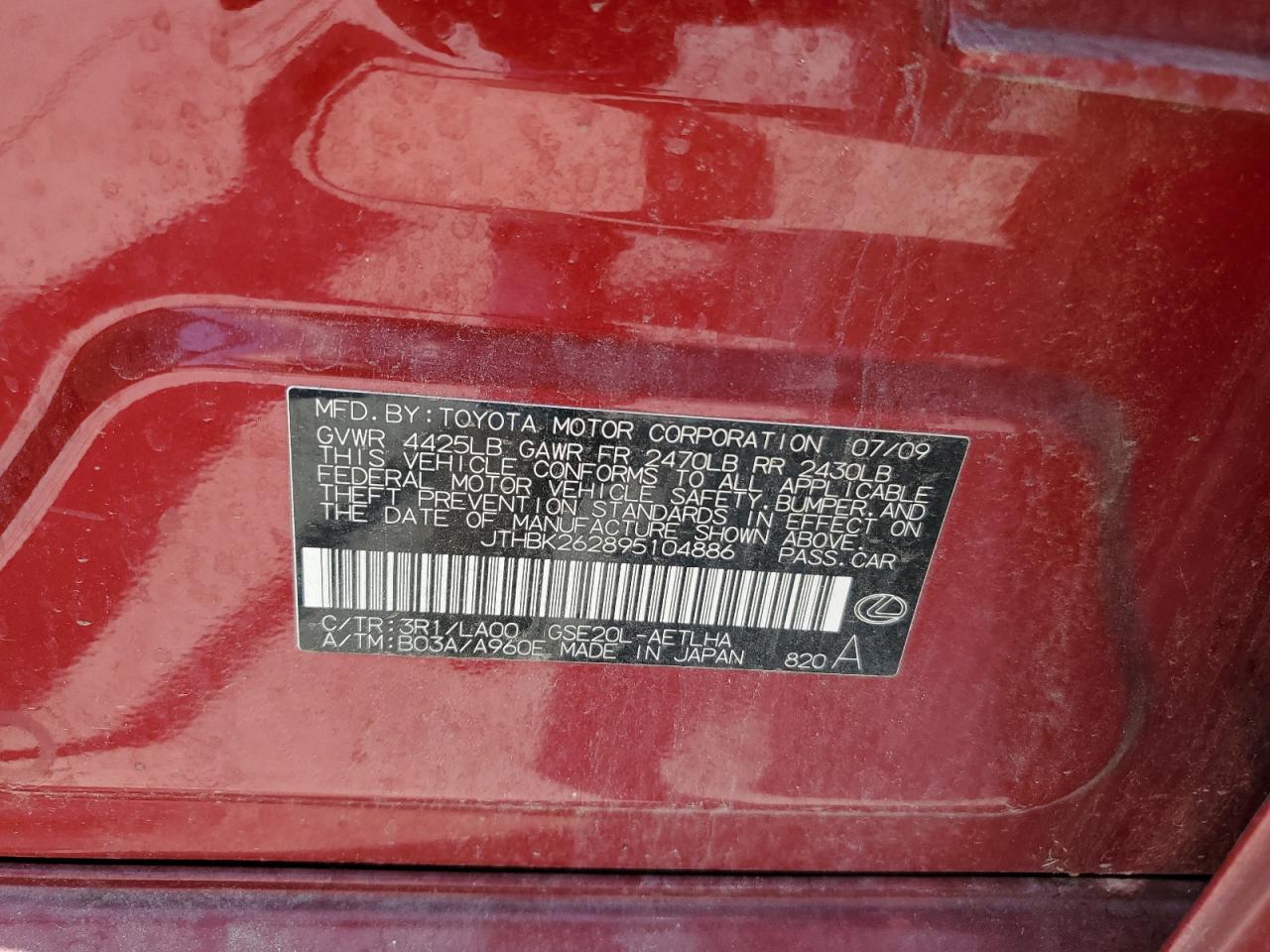 JTHBK262895104886 2009 Lexus Is 250