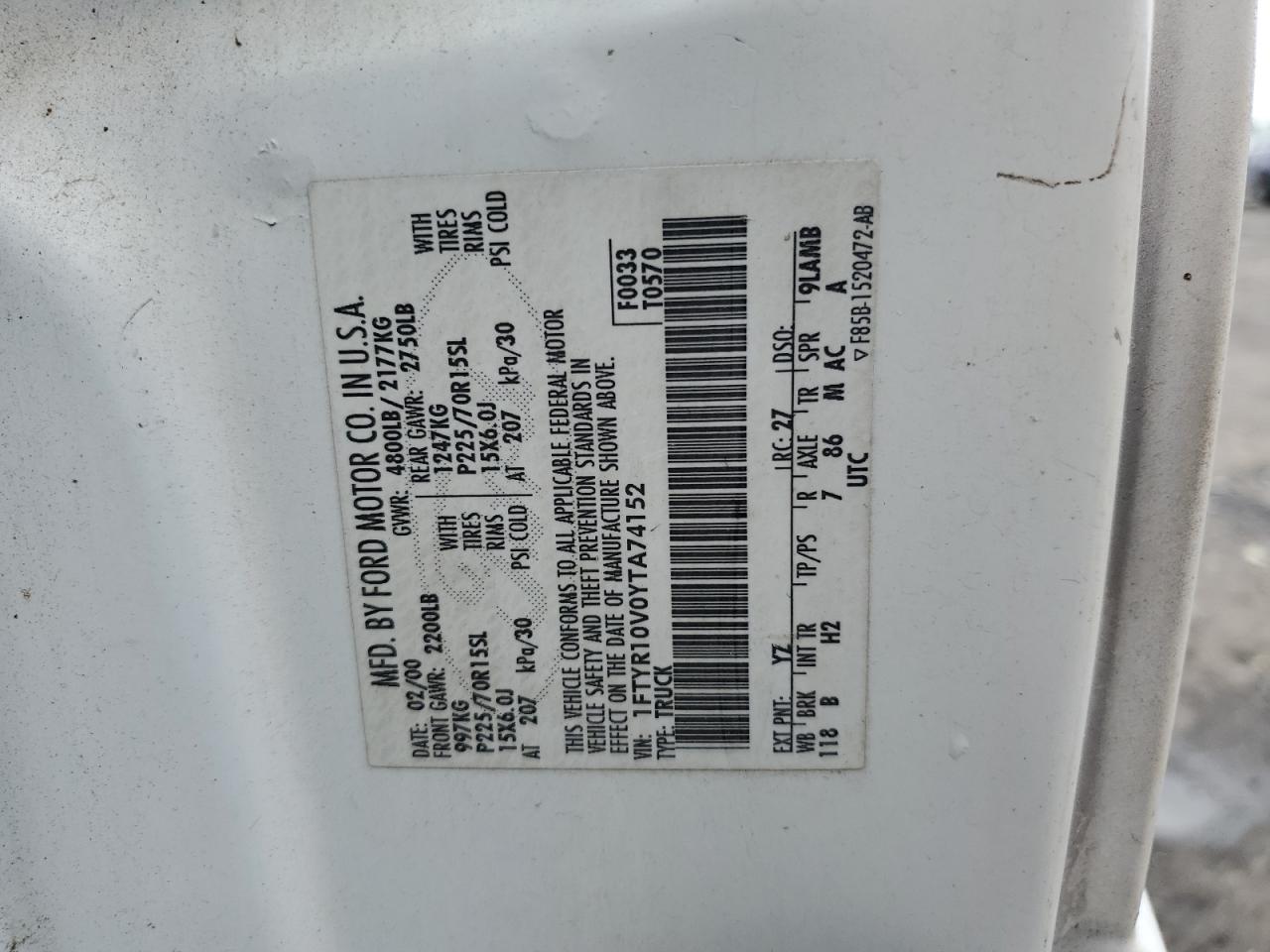 1FTYR10V0YTA74152 2000 Ford Ranger