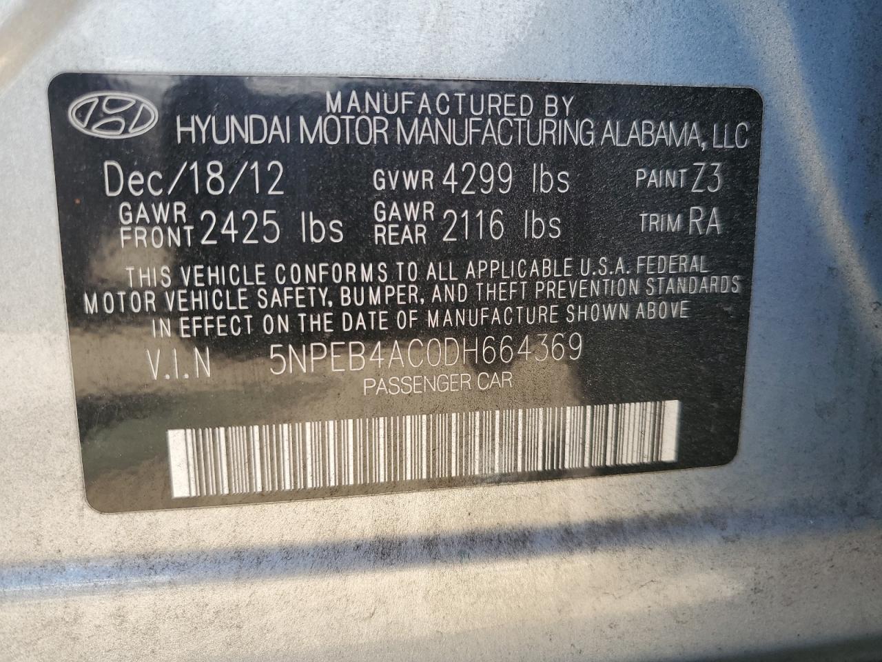 5NPEB4AC0DH664369 2013 Hyundai Sonata Gls