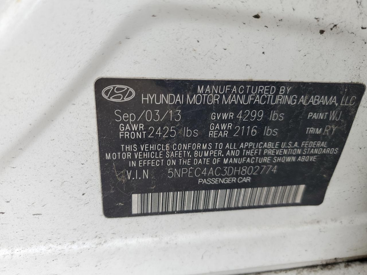 5NPEC4AC3DH802774 2013 Hyundai Sonata Se
